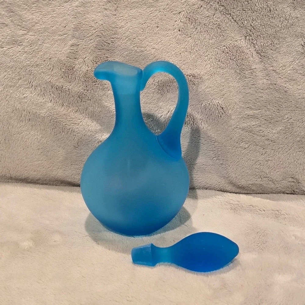 Vintage Frosted Blue Satin Glass Decanter with Stopper Hand Blown Art Glass Ewer